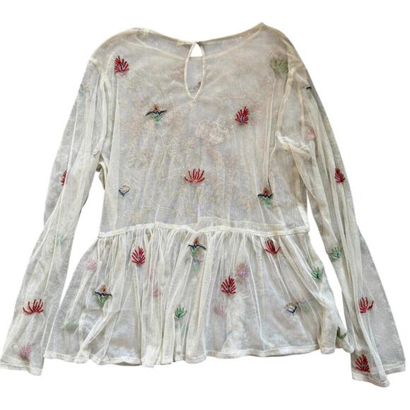 Zara Basic Sheer Mesh Embroidered Floral Long Sleeve Peplum Blouse Size Medium - Picture 2 of 5